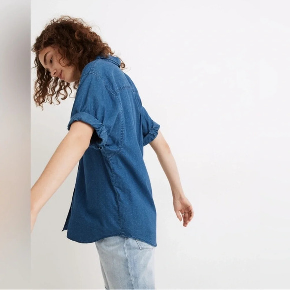 Madewell Denim Chronicle Button-Down Short Sleeve Shirt Oversized Boxy Textured - Picture 2 of 8